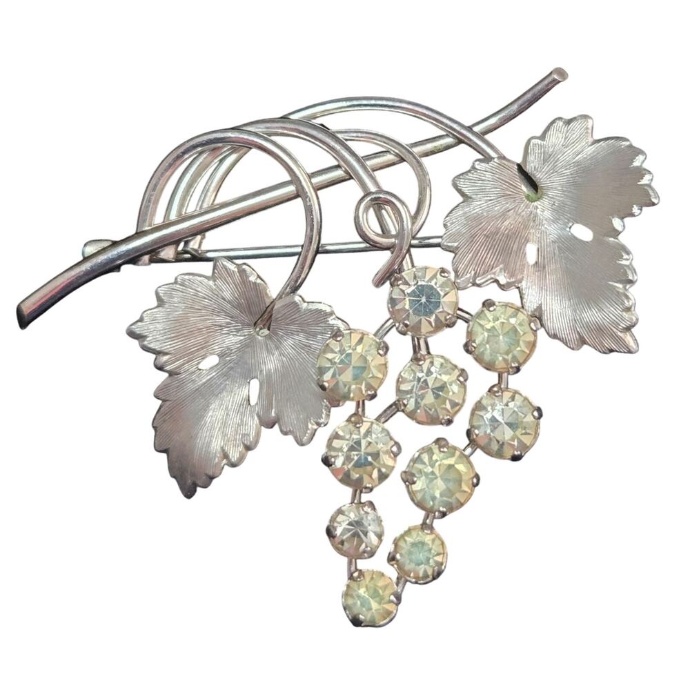 Vintage Krementz Grape Vine Leaf Rhinestone Brooch Pin